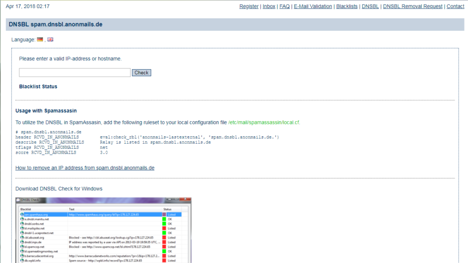 DNSBL spam.dnsbl.anonmails.de