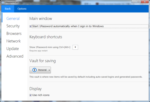 1Password6 for Windows General画面