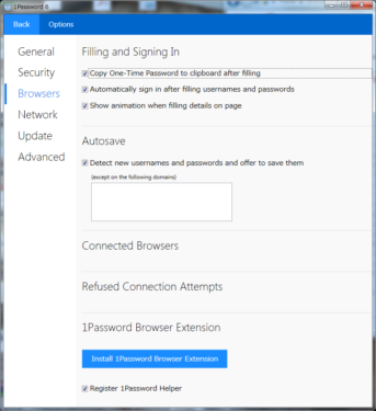 1Password6 for Windows Browsers画面